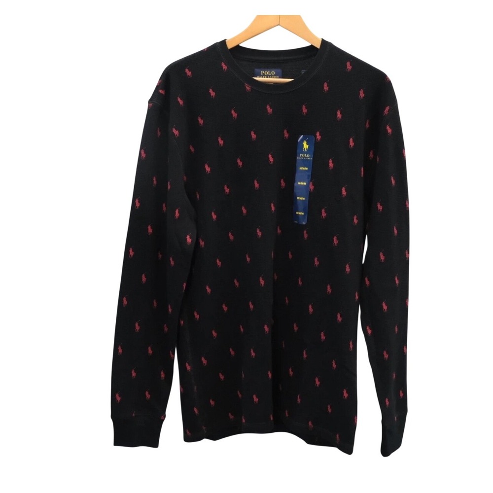 Polo Ralph Lauren Mens Thermal Sleep‎ Shirt Black Red Pony Logo Waffle Knit M